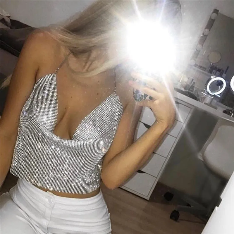 Rhinestone Backless Party Crop Top Summer Deep V Neck Night Club Diamonds Metal Tank Top