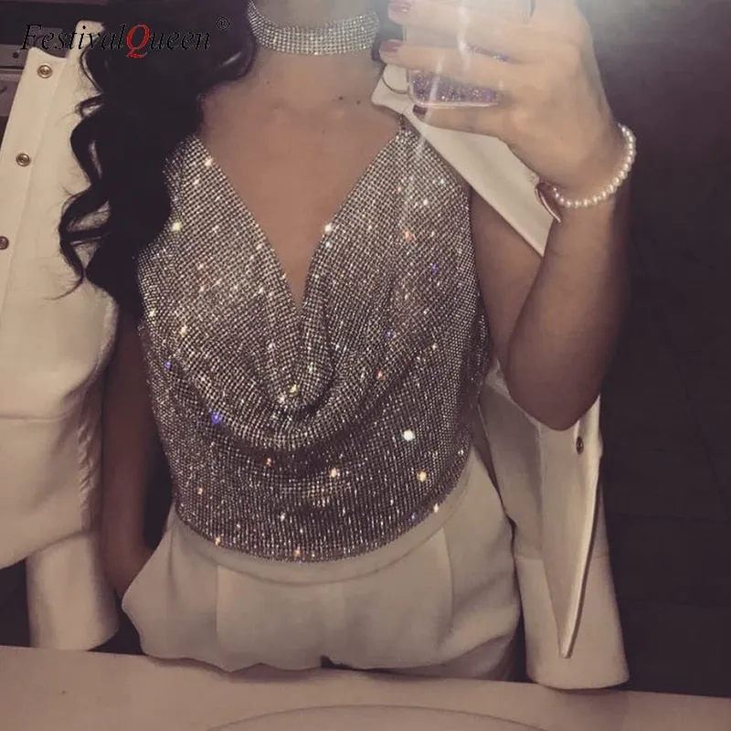 Rhinestone Backless Party Crop Top Summer Deep V Neck Night Club Diamonds Metal Tank Top
