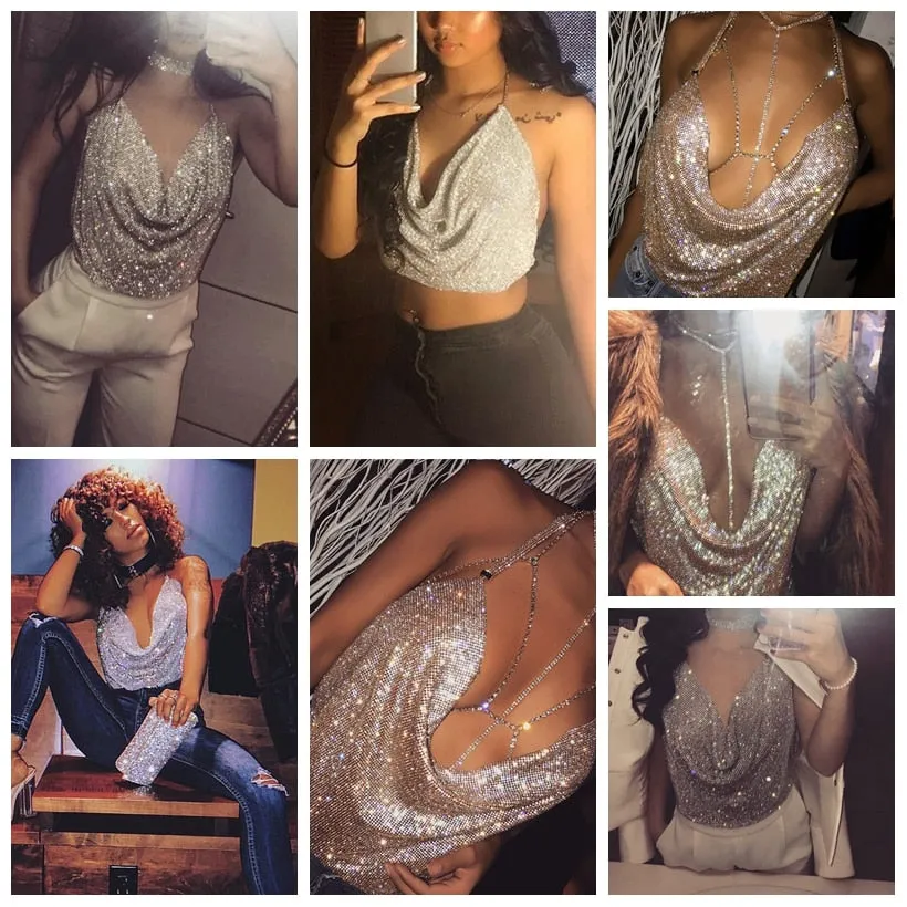 Rhinestone Backless Party Crop Top Summer Deep V Neck Night Club Diamonds Metal Tank Top