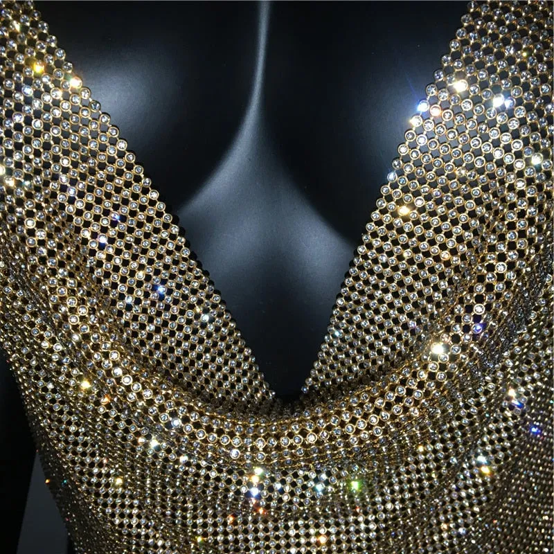 Rhinestone Backless Party Crop Top Summer Deep V Neck Night Club Diamonds Metal Tank Top