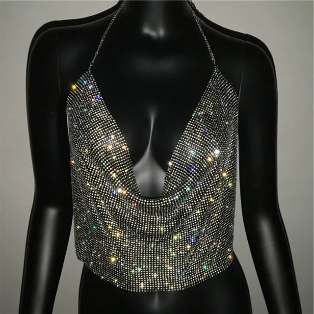 Rhinestone Backless Party Crop Top Summer Deep V Neck Night Club Diamonds Metal Tank Top