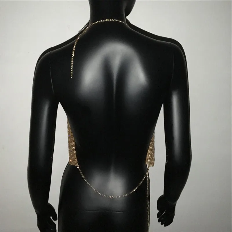 Rhinestone Backless Party Crop Top Summer Deep V Neck Night Club Diamonds Metal Tank Top