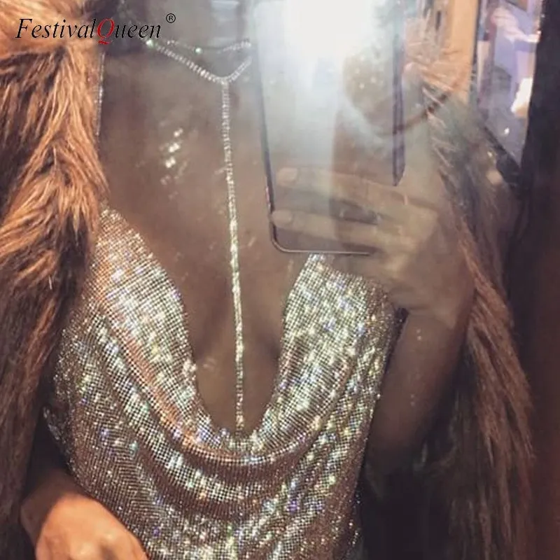 Rhinestone Backless Party Crop Top Summer Deep V Neck Night Club Diamonds Metal Tank Top