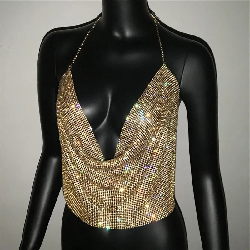 Rhinestone Backless Party Crop Top Summer Deep V Neck Night Club Diamonds Metal Tank Top