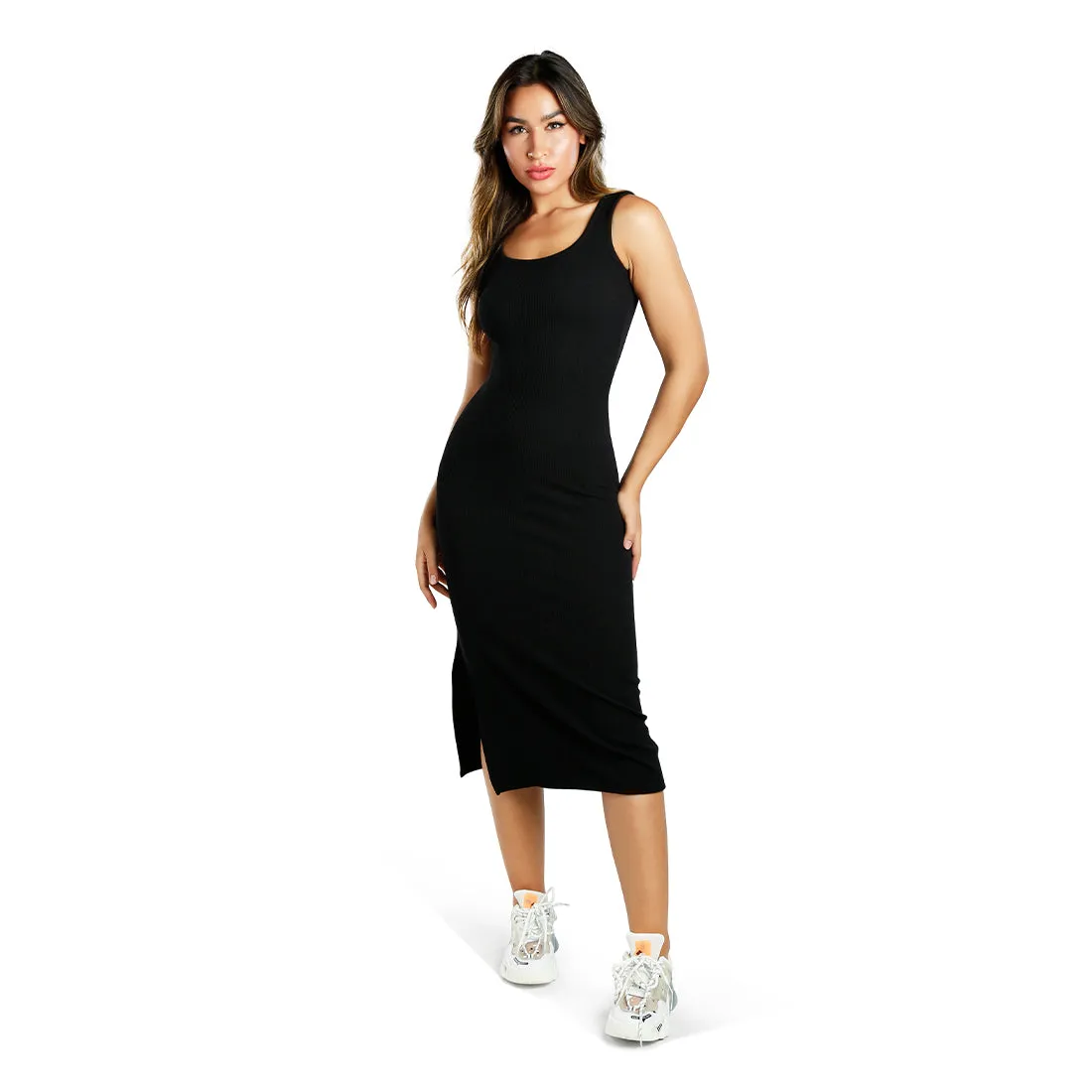 Ribbed Knit Slit Tank Dress