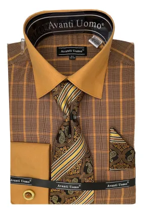 Rust Tone on Tone Check Pattern Dress Shirt Set with French Cuff
