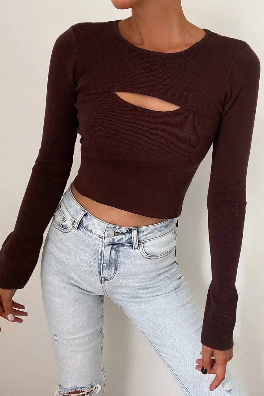 Sally Ribbed Cut Out Chest Knit Top- Chocolate