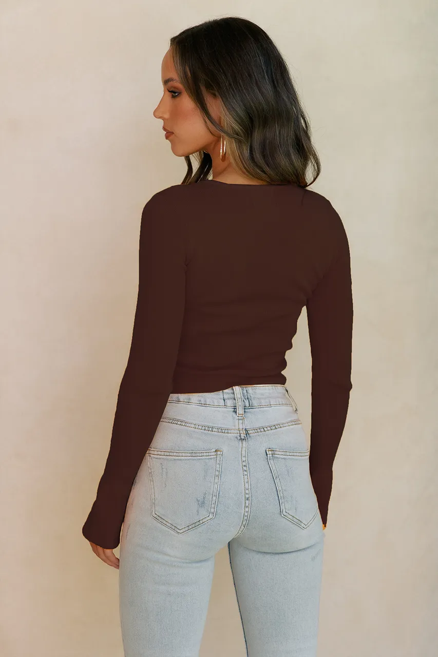 Sally Ribbed Cut Out Chest Knit Top- Chocolate