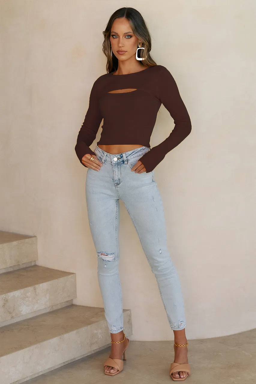 Sally Ribbed Cut Out Chest Knit Top- Chocolate