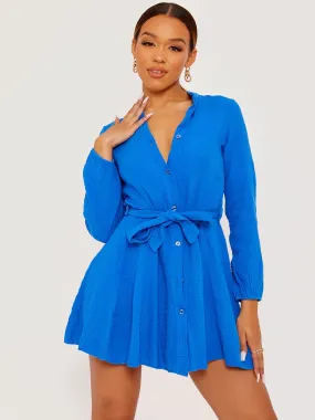 Samantha Self Tie Knot Belted Shirt Dress In Royal