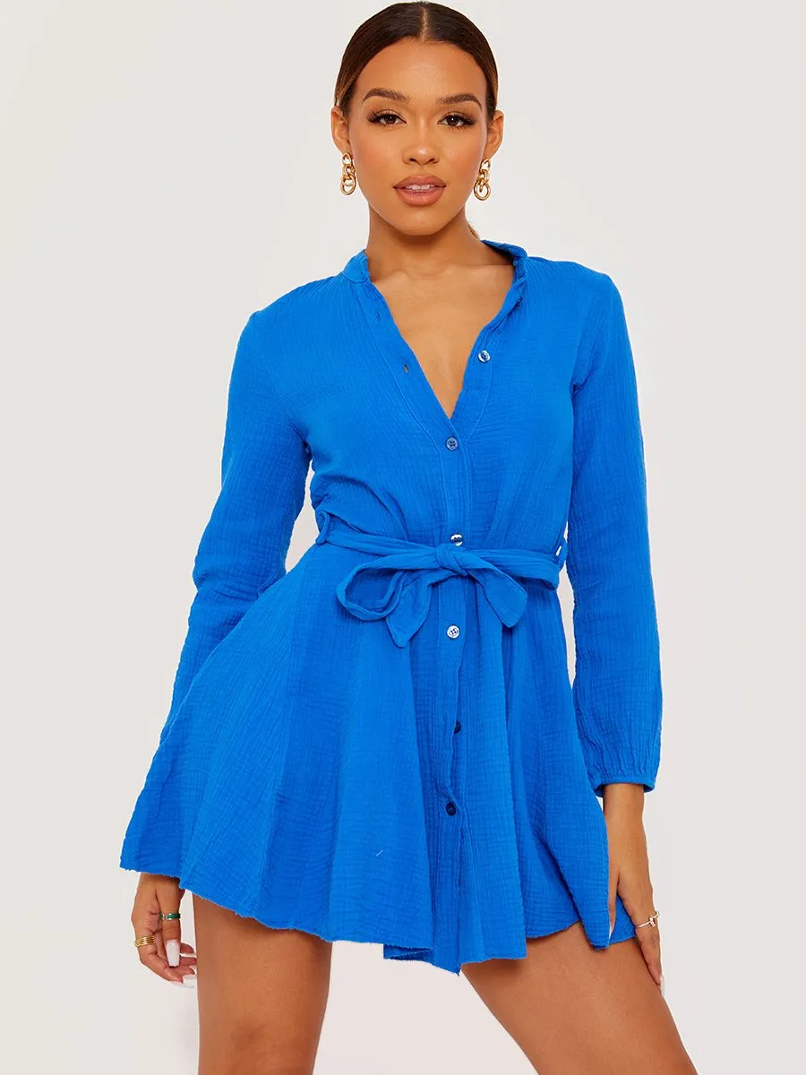 Samantha Self Tie Knot Belted Shirt Dress In Royal