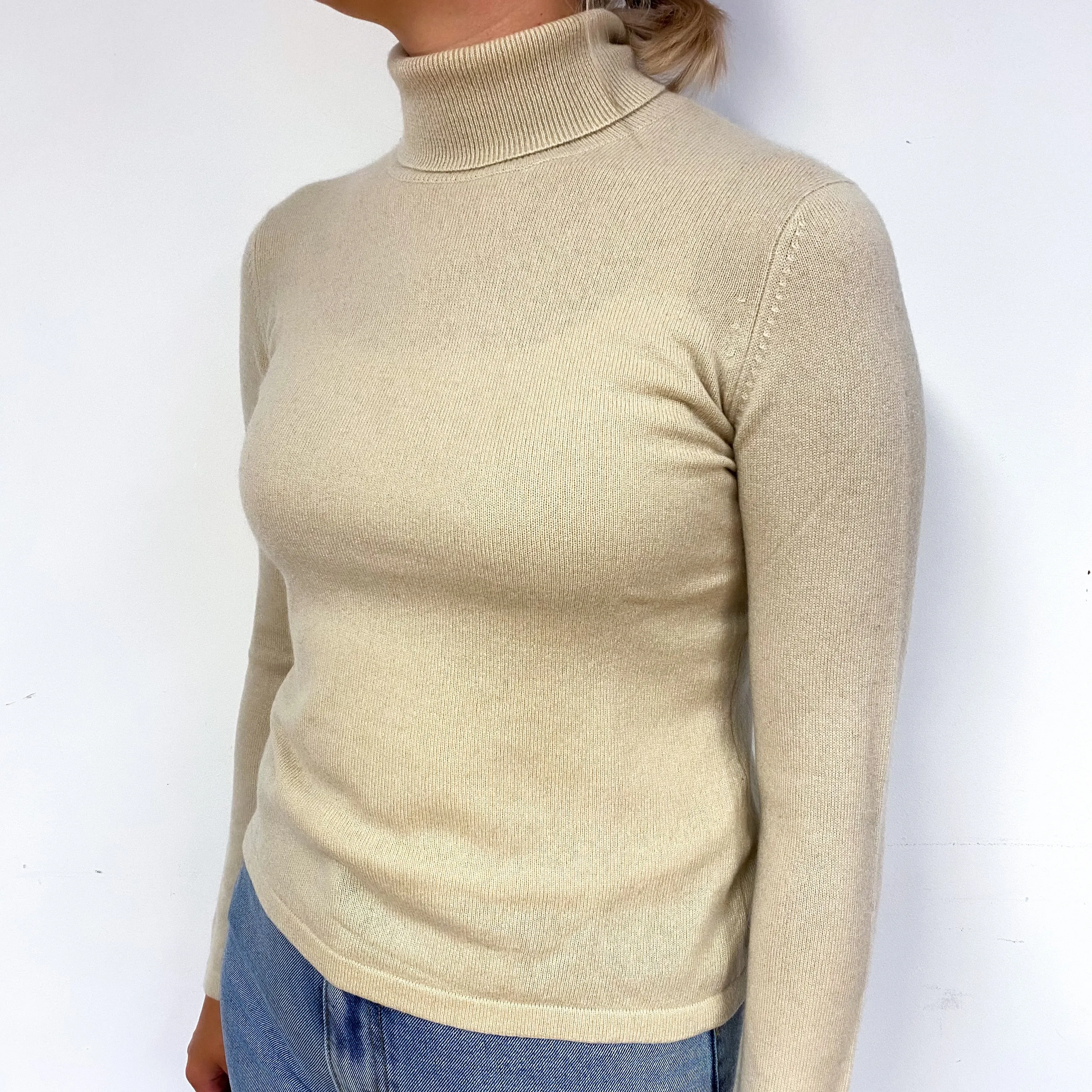 Sand Beige Cashmere Polo Neck Jumper Small
