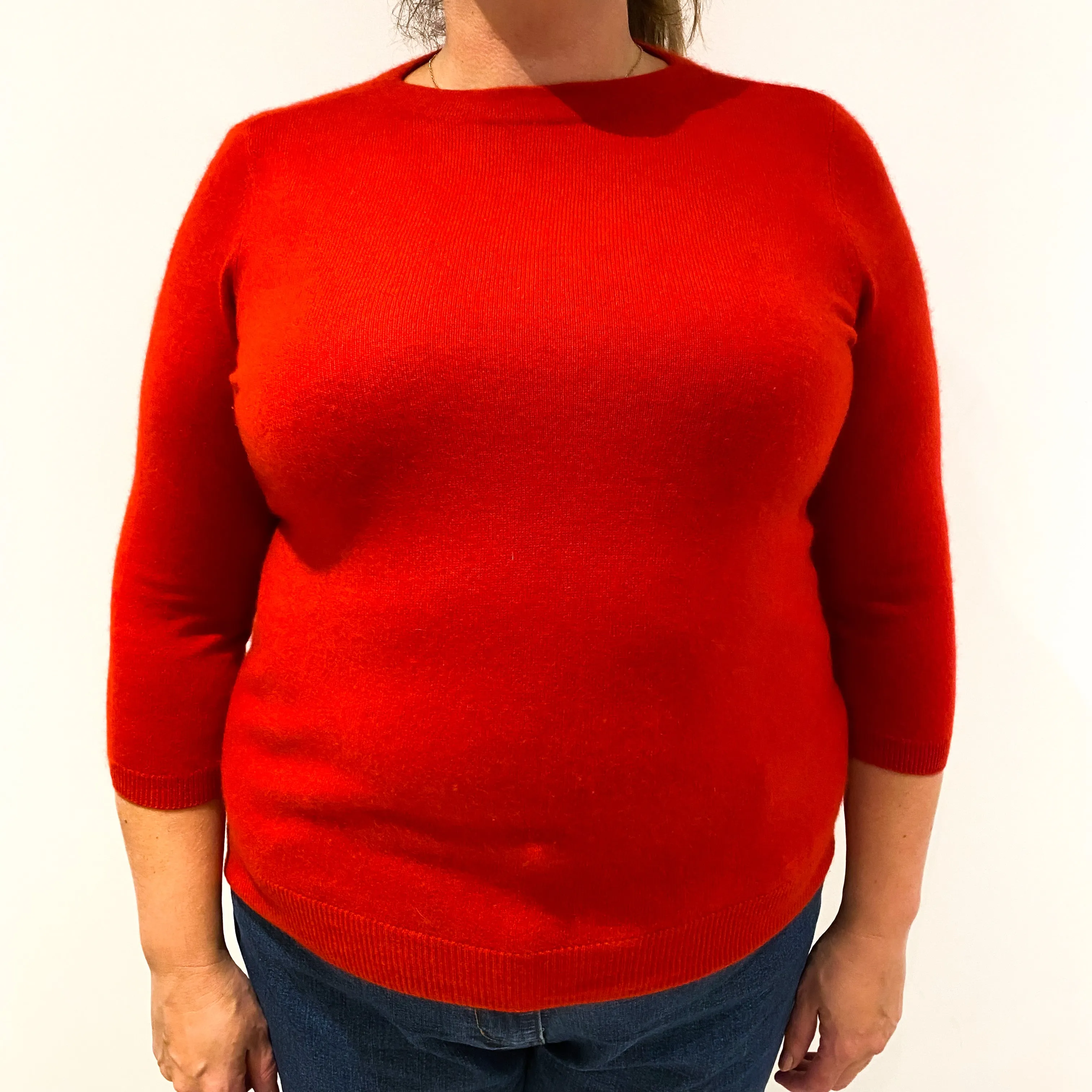Scarlet Red 3/4 Sleeve Cashmere Crew Neck Jumper Extra Large