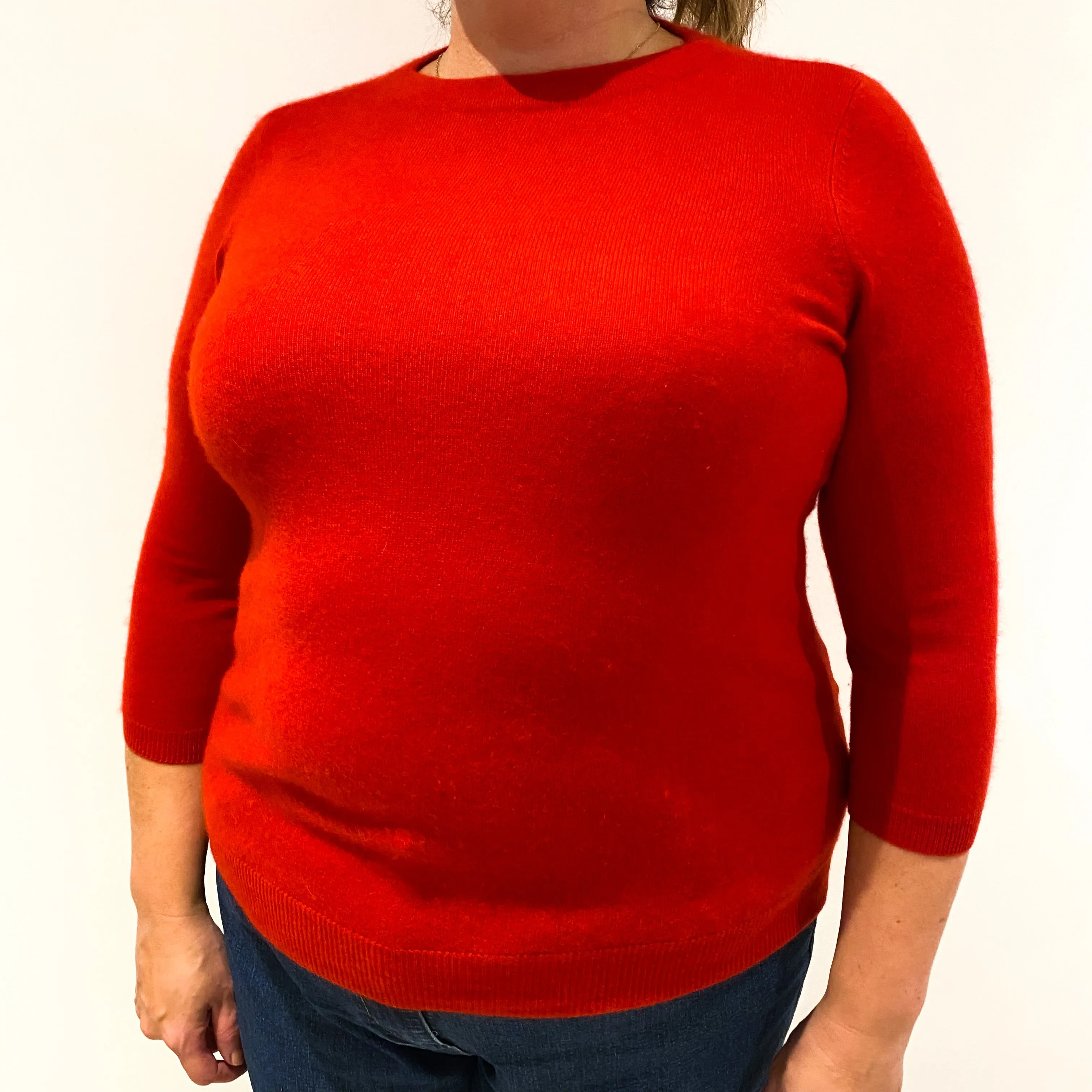 Scarlet Red 3/4 Sleeve Cashmere Crew Neck Jumper Extra Large