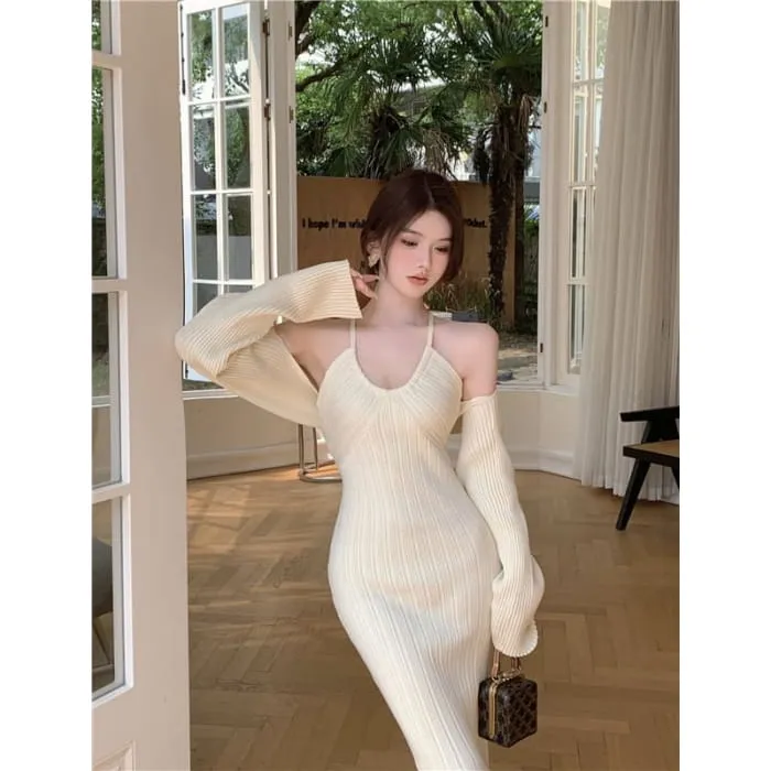 Set: Halter Neck Plain Ribbed Midi Sheath Knit Dress   Open Front Shrug