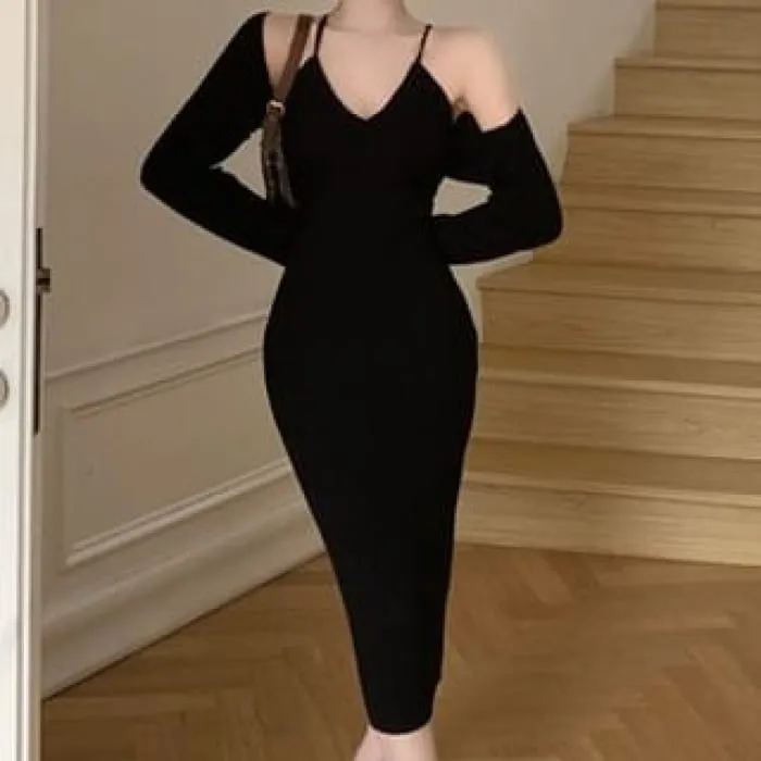 Set: Halter Neck Plain Ribbed Midi Sheath Knit Dress   Open Front Shrug