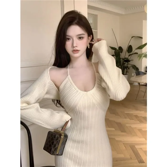 Set: Halter Neck Plain Ribbed Midi Sheath Knit Dress   Open Front Shrug