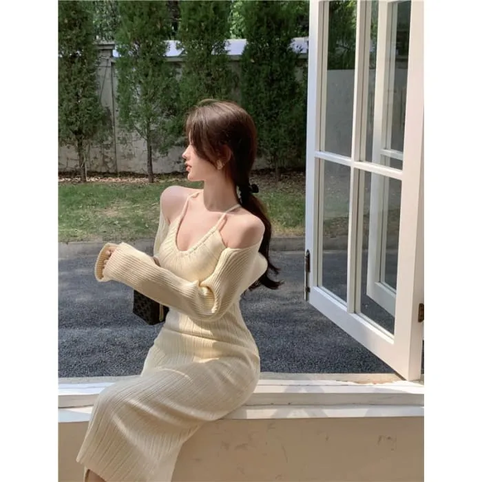 Set: Halter Neck Plain Ribbed Midi Sheath Knit Dress   Open Front Shrug