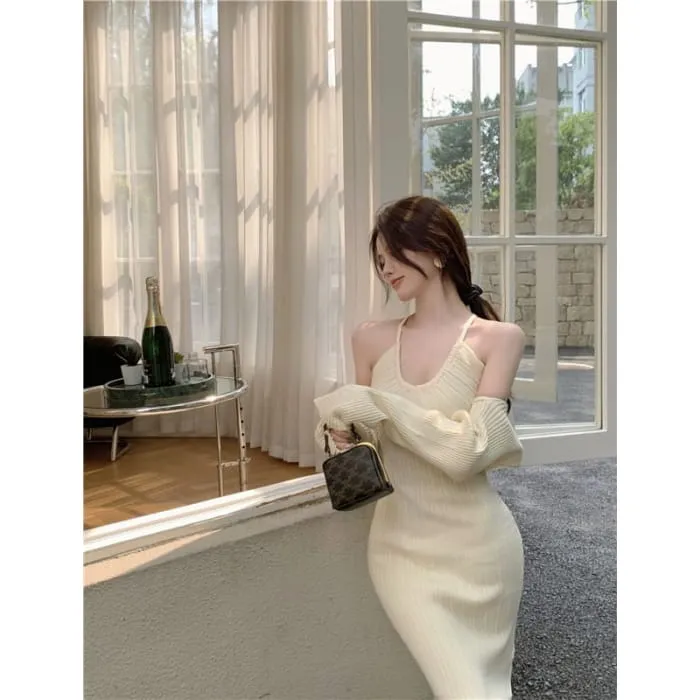 Set: Halter Neck Plain Ribbed Midi Sheath Knit Dress   Open Front Shrug