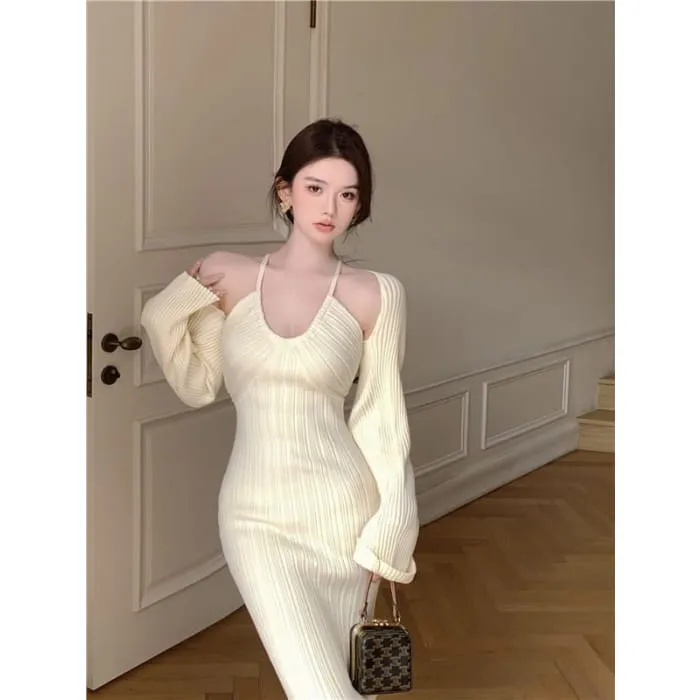 Set: Halter Neck Plain Ribbed Midi Sheath Knit Dress   Open Front Shrug