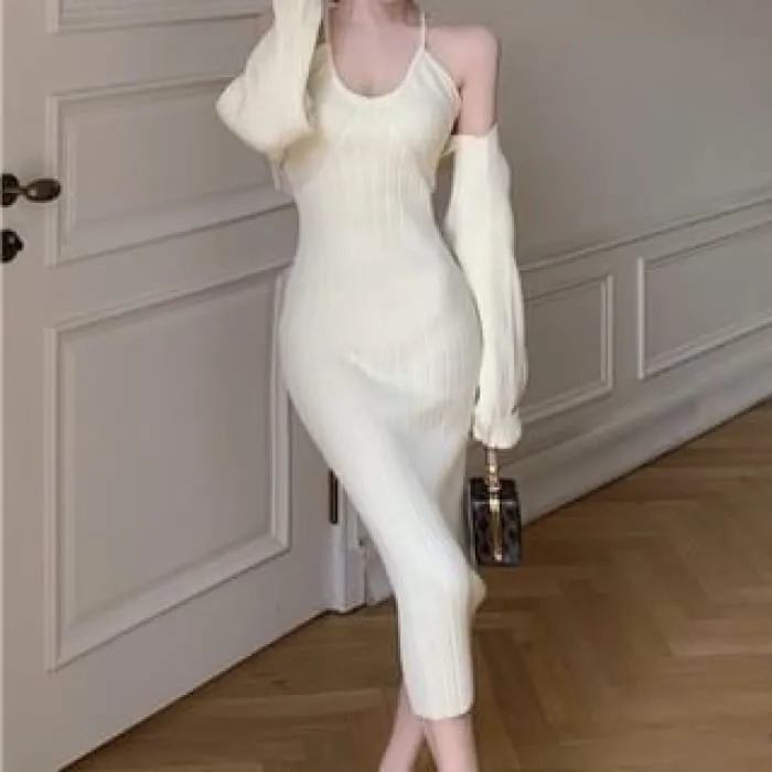 Set: Halter Neck Plain Ribbed Midi Sheath Knit Dress   Open Front Shrug