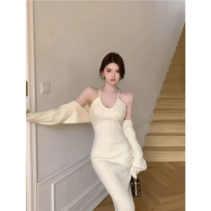 Set: Halter Neck Plain Ribbed Midi Sheath Knit Dress   Open Front Shrug