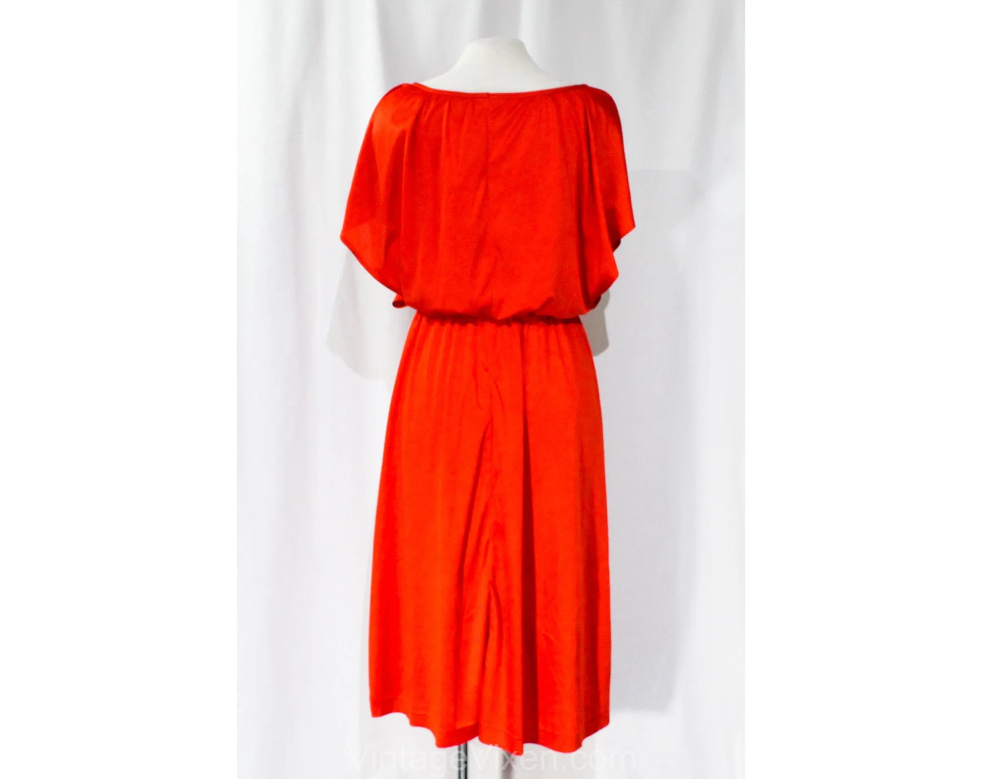 Size 8 Red Disco Dress - Sexy 1970s 80s Jersey Knit Goddess Cocktail - 70s Blouson Flirty Sleeveless Evening Glamor - Medium Size - Bust 36