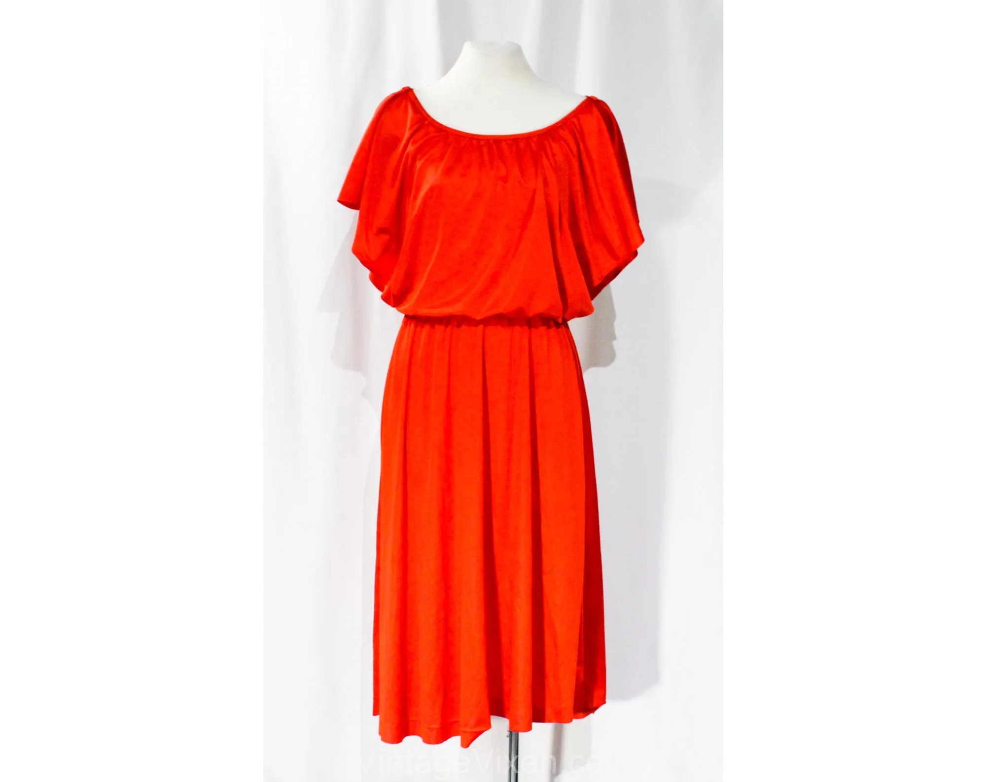 Size 8 Red Disco Dress - Sexy 1970s 80s Jersey Knit Goddess Cocktail - 70s Blouson Flirty Sleeveless Evening Glamor - Medium Size - Bust 36