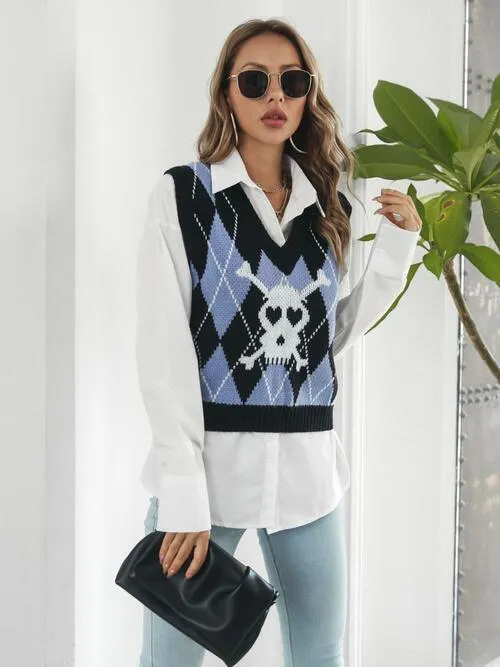 Skull Knitted Sleeveless Argyle Sweater Vest