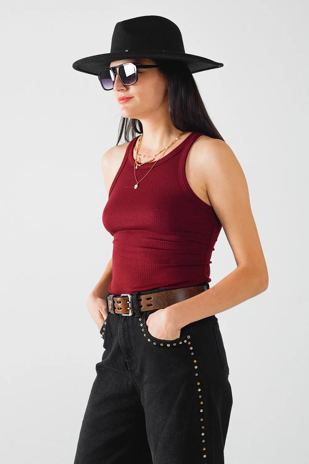 Sleeveless Burgundy Ribbed Top