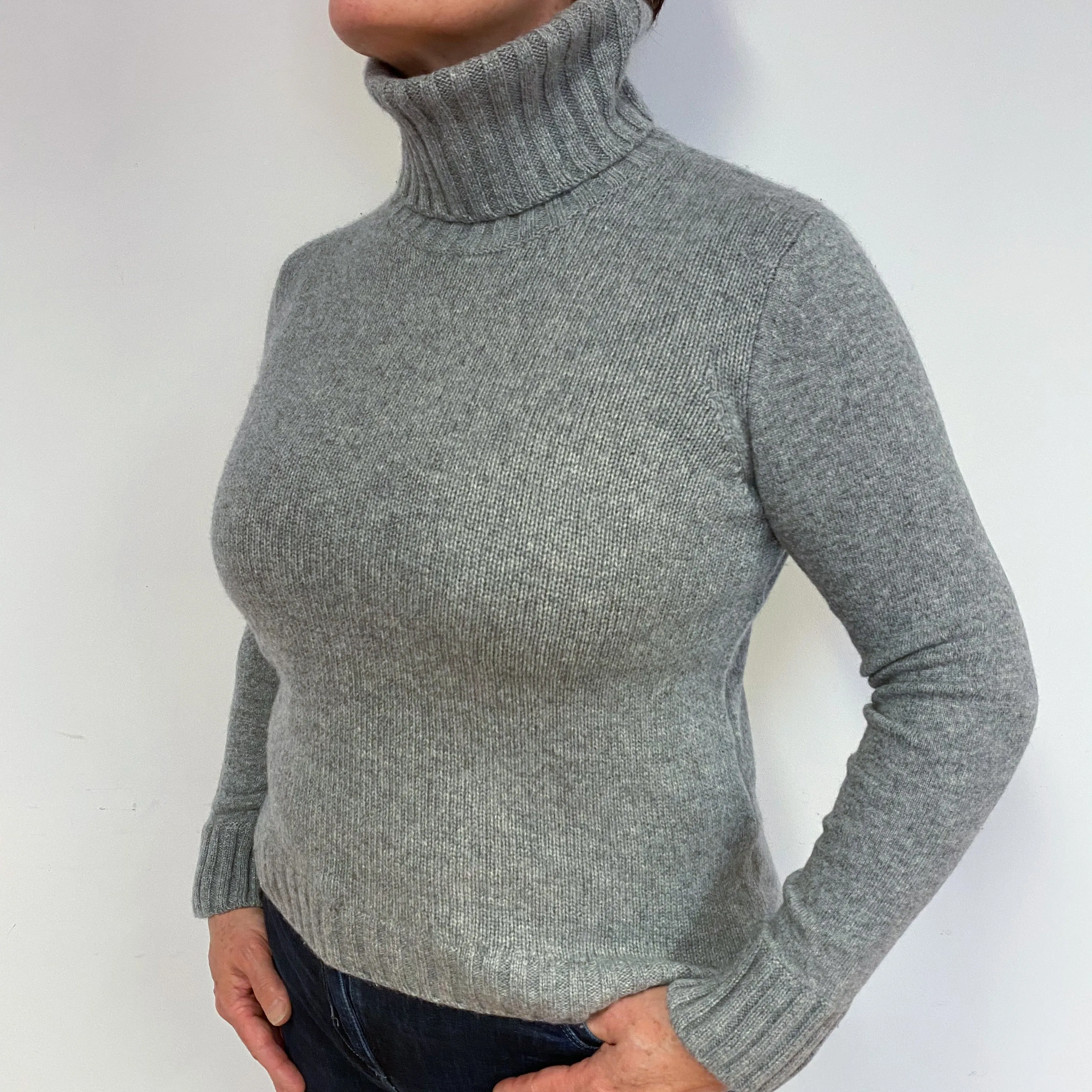 Smoke Grey Cashmere Polo Neck Jumper Large