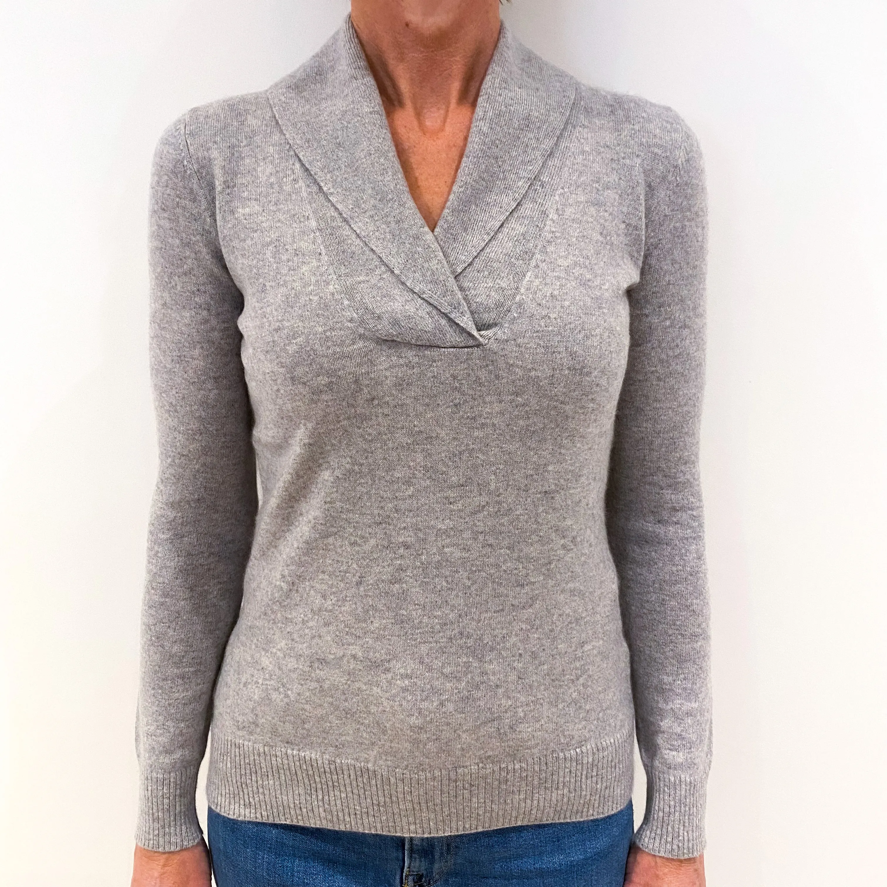 Smoke Grey Cashmere Shawl Collar V-Neck Jumper Small