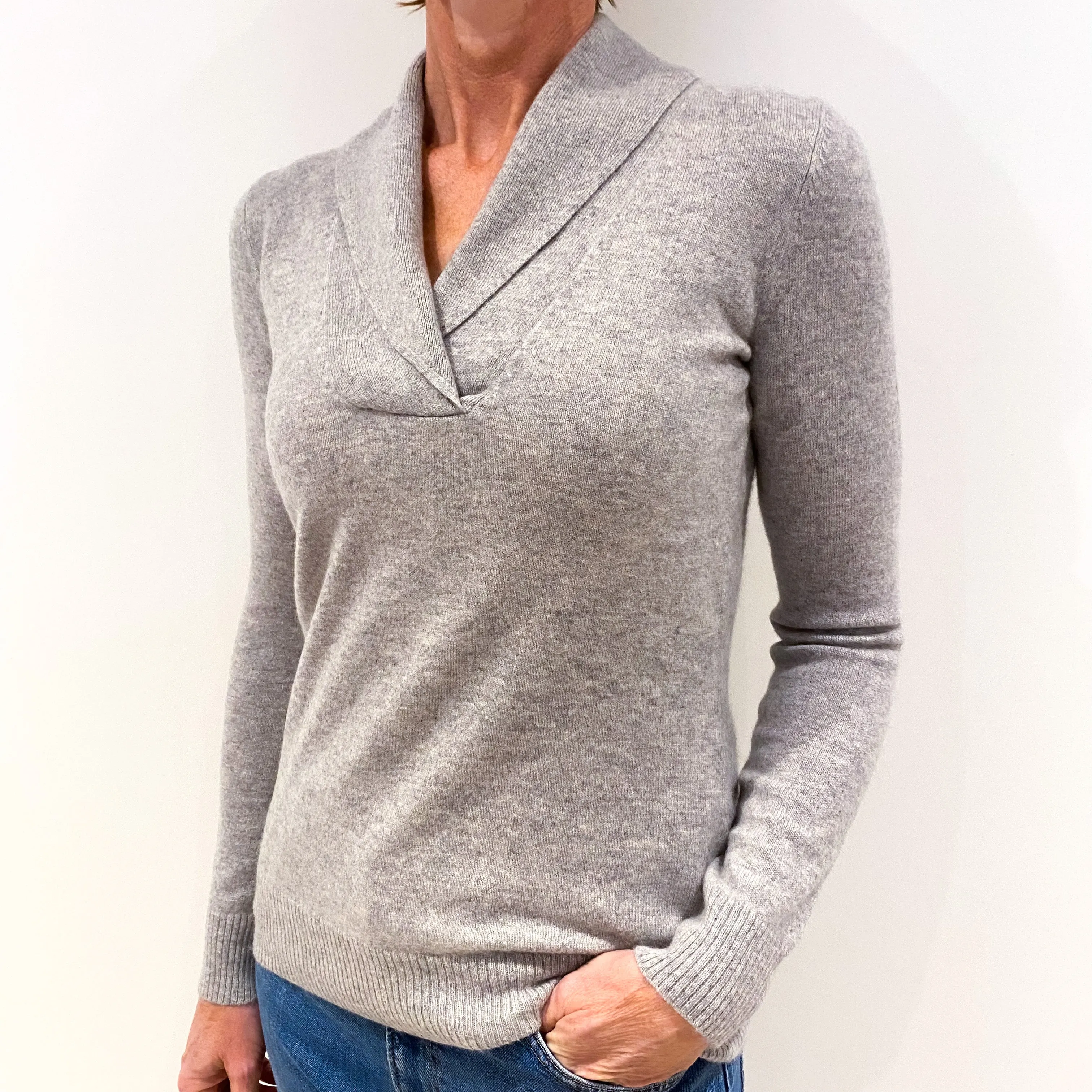 Smoke Grey Cashmere Shawl Collar V-Neck Jumper Small