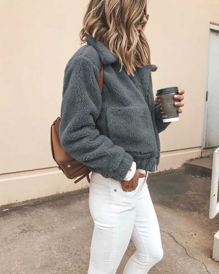 Solid Color Lapel Zipper Big Pockets Women Short Teddy Coat