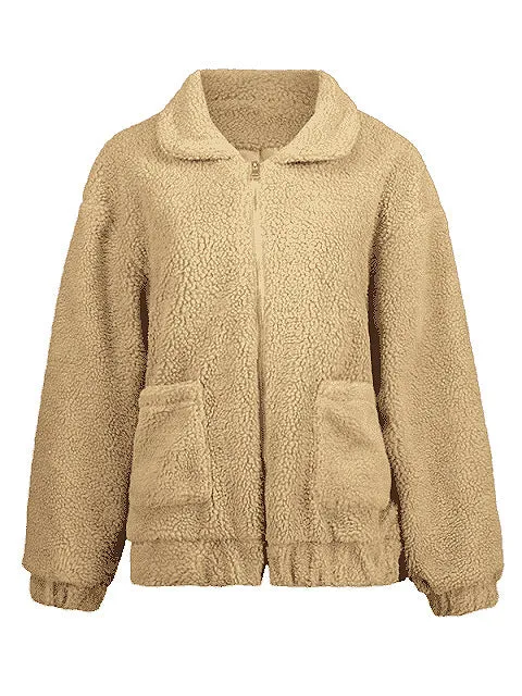 Solid Color Lapel Zipper Big Pockets Women Short Teddy Coat