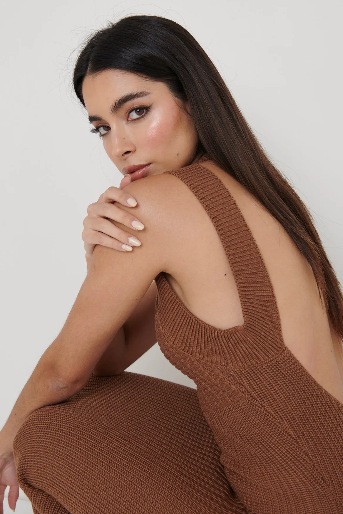 Sutton Contrast Crochet Dress - Brown