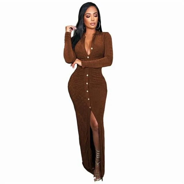 Turn-down Collar Button Split Bodycon Maxi Dress