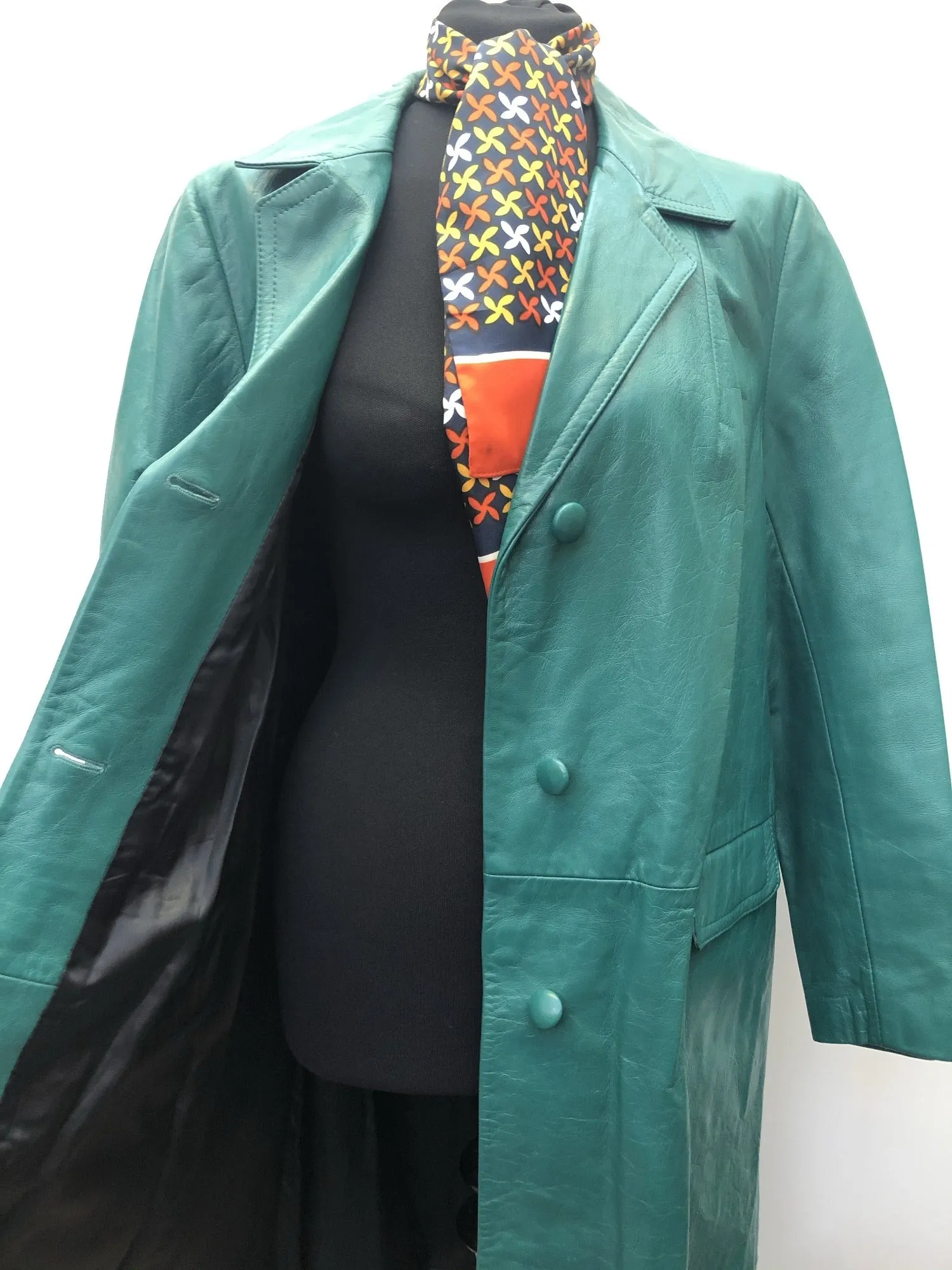Vintage 1960s Paul Blanche Leather Coat in Green - Size UK 12