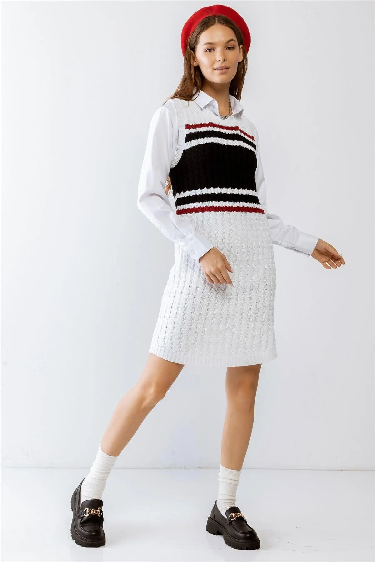 White Colorblocked Cable Knit Sleeveless Mini Dress /2-3-1