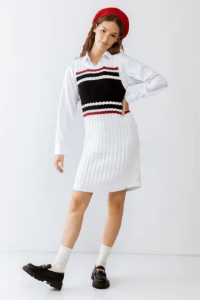 White Colorblocked Cable Knit Sleeveless Mini Dress /2-3-1