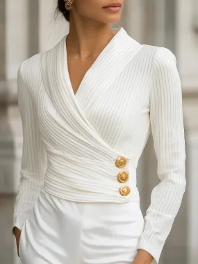 White Stripes Pleated Wrap Blouse with Gold Buttons