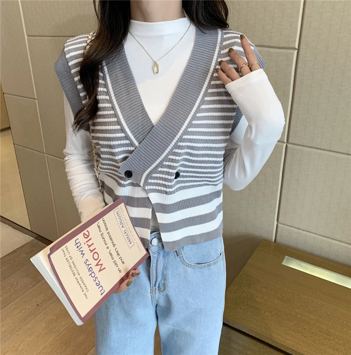 Wild Striped Knitted Cardigan Vest Jacket