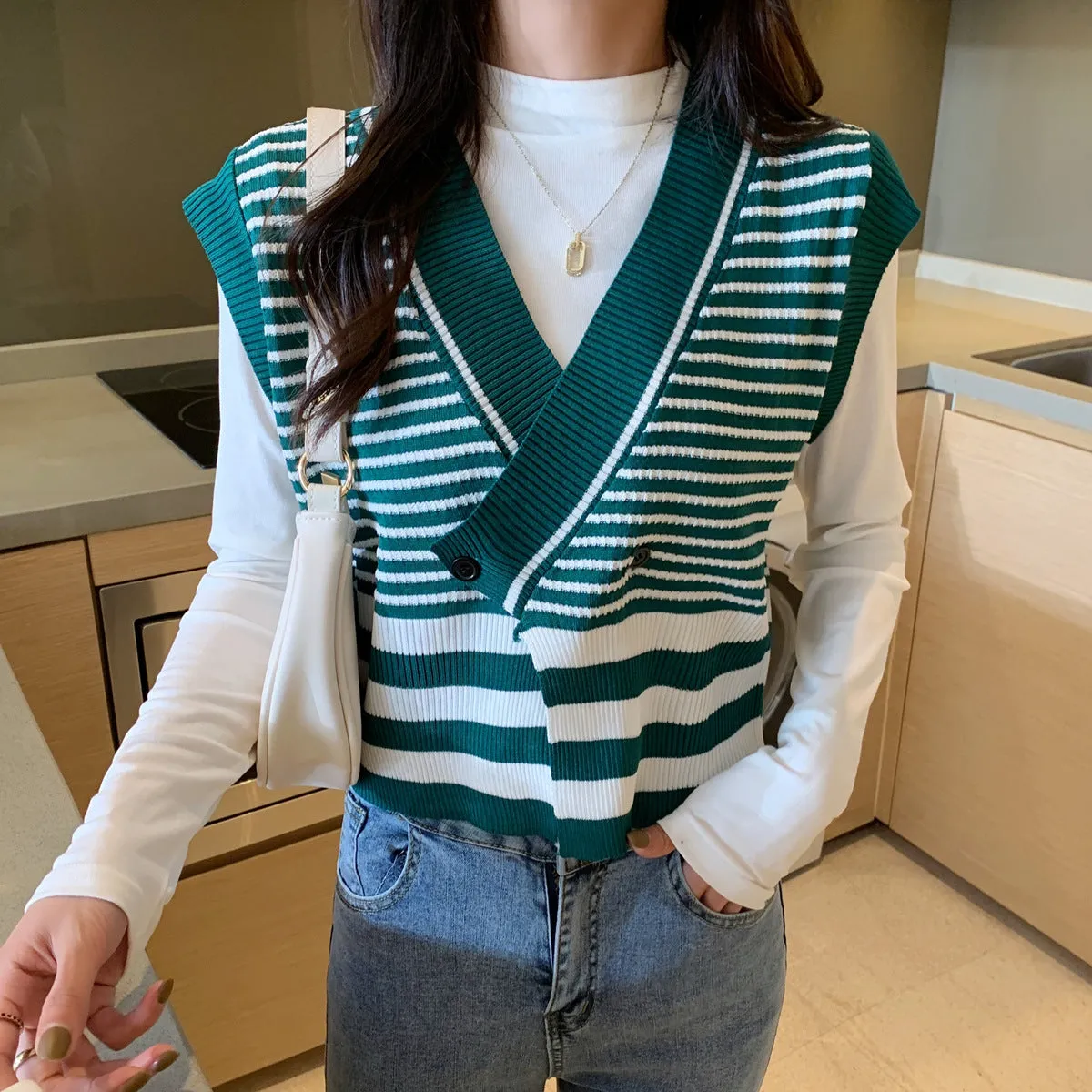 Wild Striped Knitted Cardigan Vest Jacket