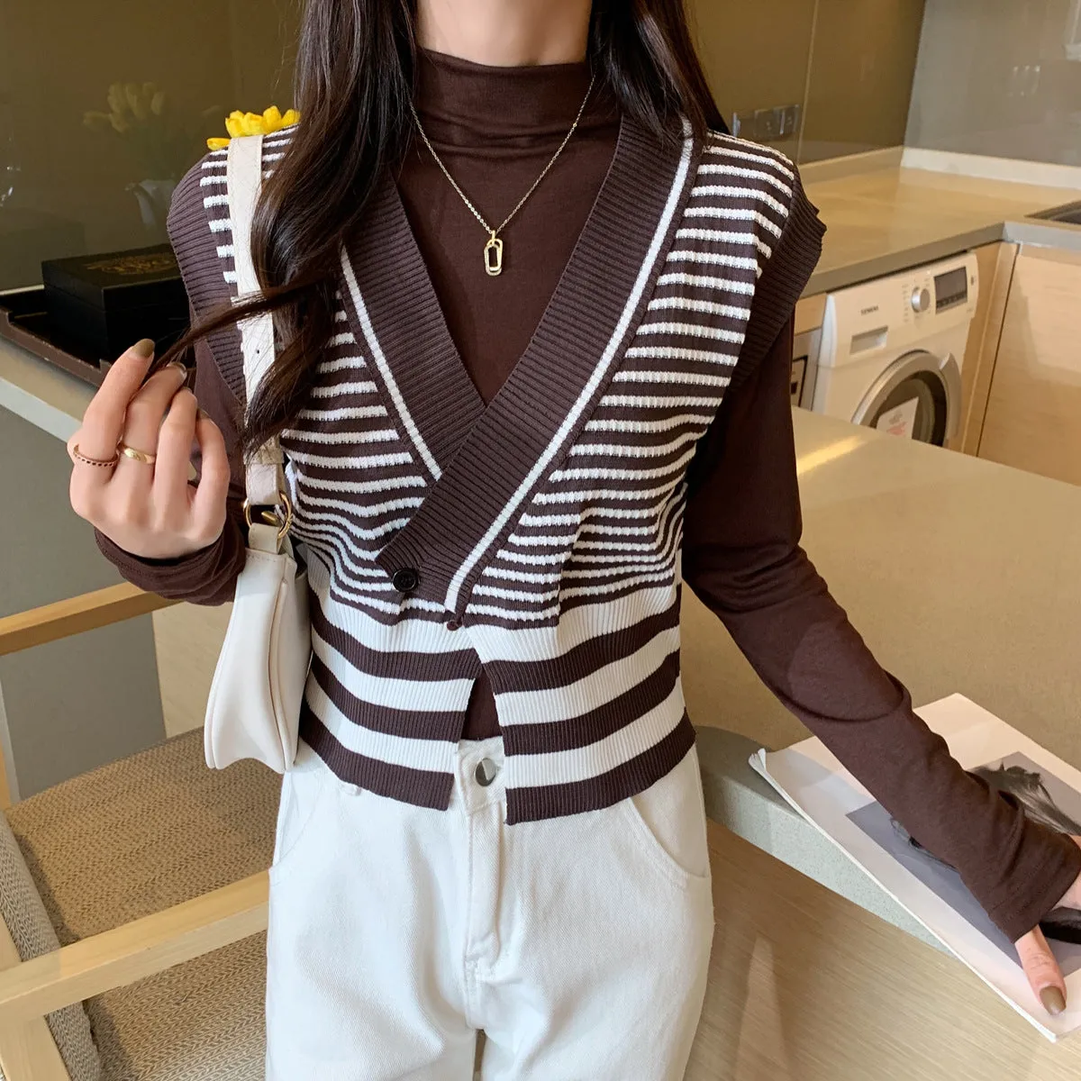 Wild Striped Knitted Cardigan Vest Jacket