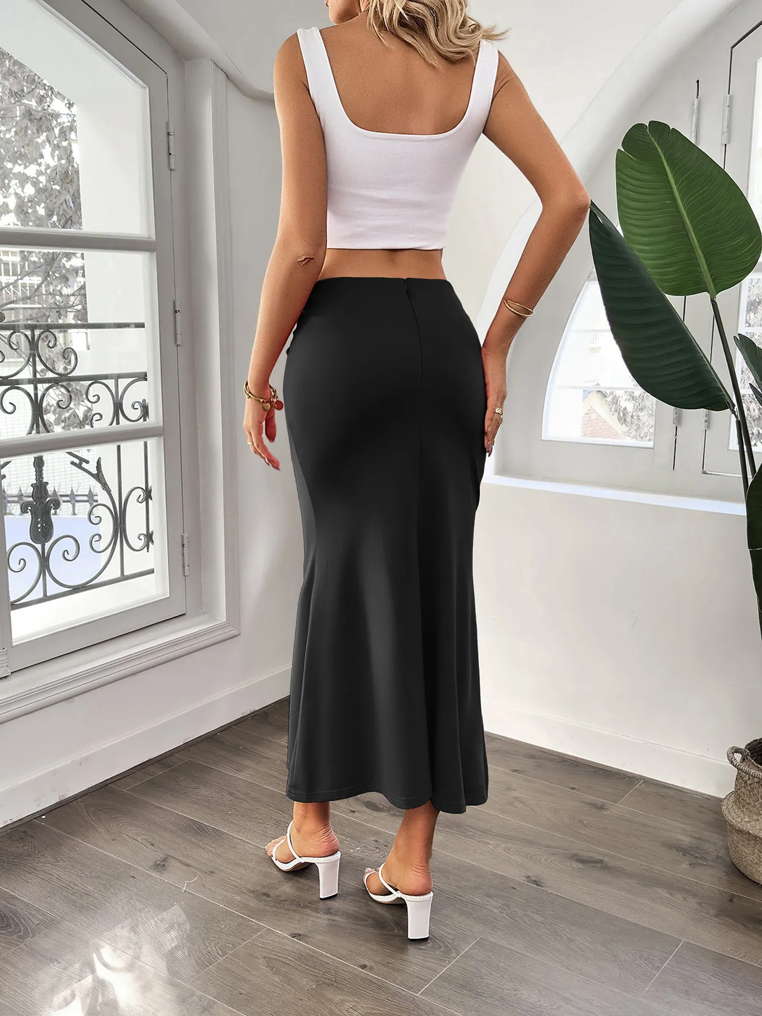 Women Mermaid Hem Skirt Casual Knotted Waist Below Mid-Calf Bodycon Skirt