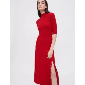 Women Ribbed Knit Dress With Gold Eyelets - Red