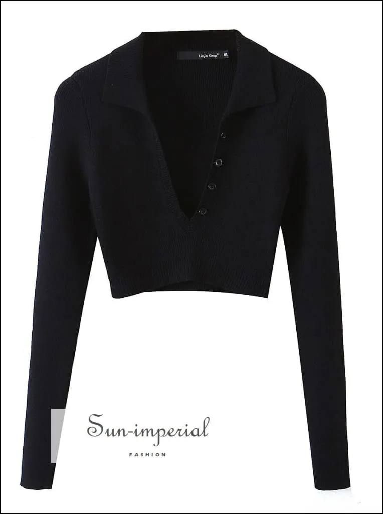 Women's Black Single Button Knitted Cropped Sweater And High Waist Midi Skirt Set With Back Slit Detail