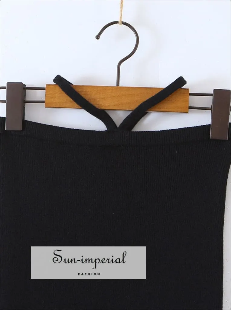 Women's Black Single Button Knitted Cropped Sweater And High Waist Midi Skirt Set With Back Slit Detail