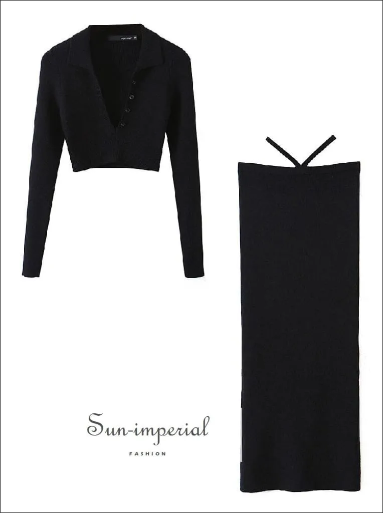 Women's Black Single Button Knitted Cropped Sweater And High Waist Midi Skirt Set With Back Slit Detail