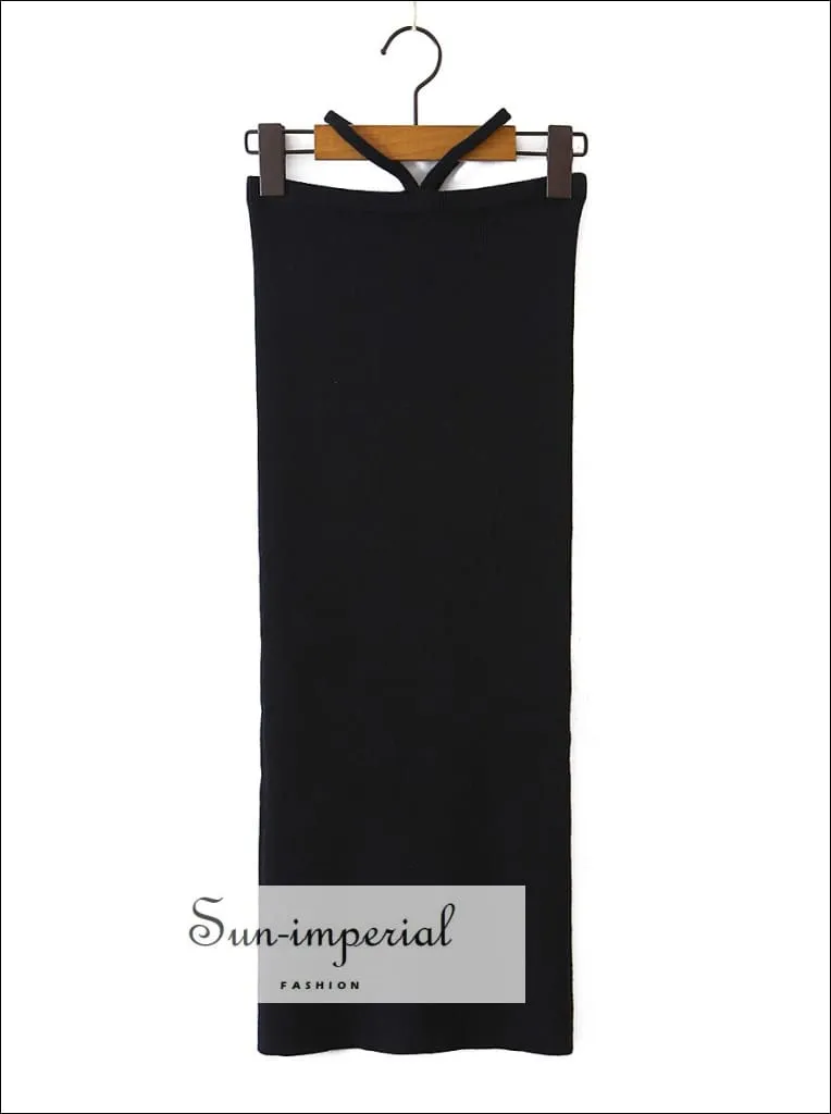 Women's Black Single Button Knitted Cropped Sweater And High Waist Midi Skirt Set With Back Slit Detail